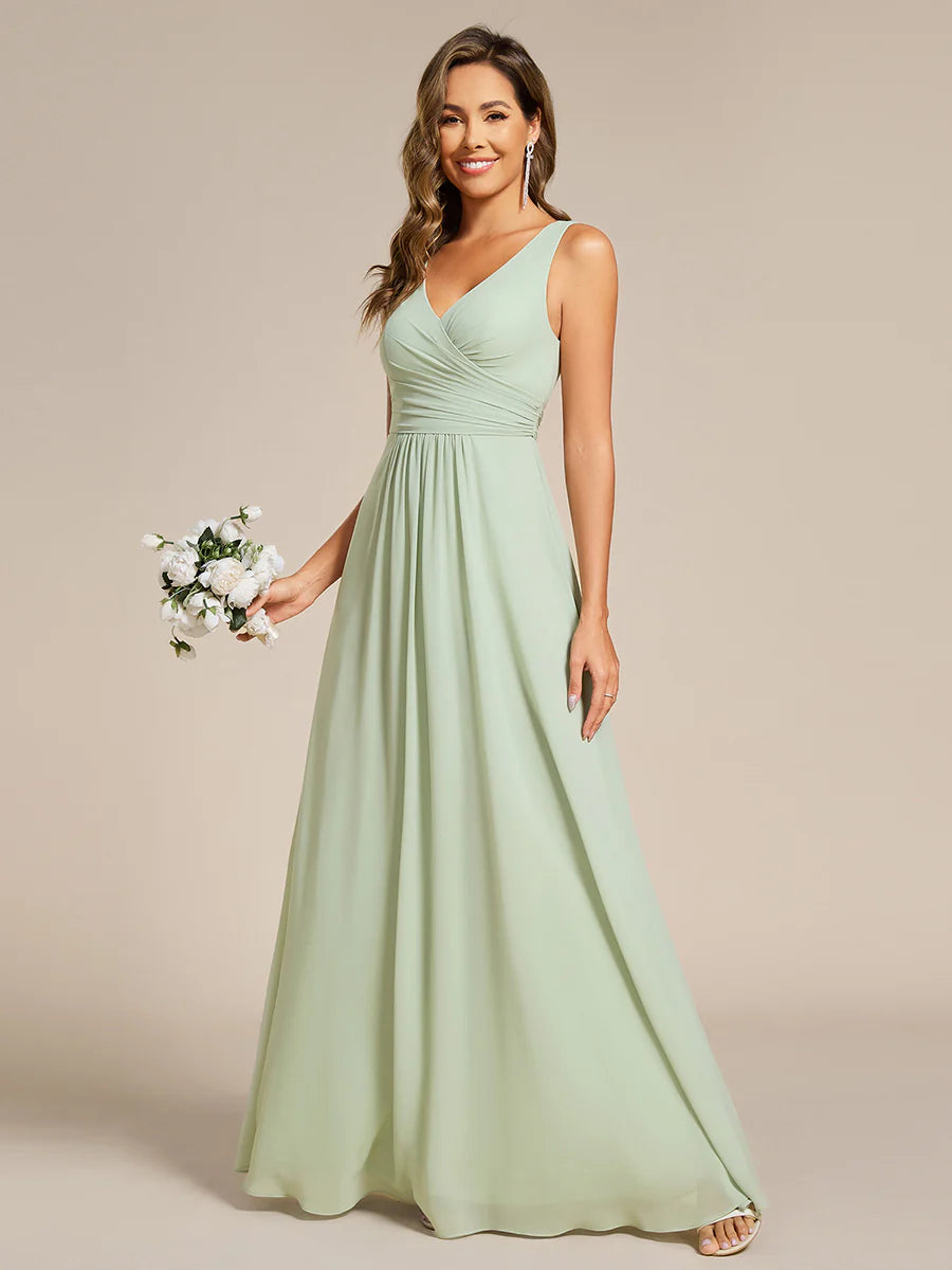 Asymmetrical Sleeveless V-Neck A-Line Floor-Length Bridesmaid Dress