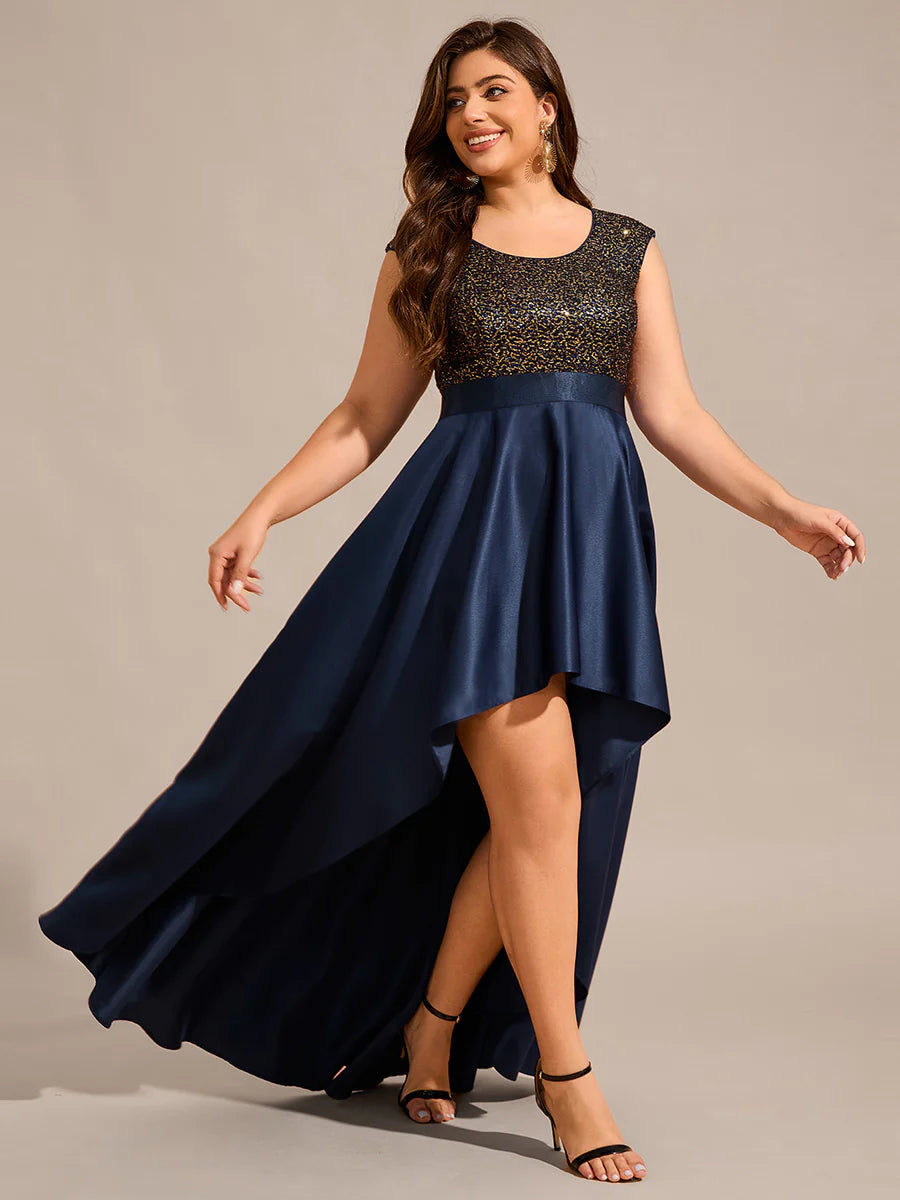 Plus Size Elegant Round Neck Asymmetrical Hem Sequin Contrast Satin Dresses with Raglan Sleeves
