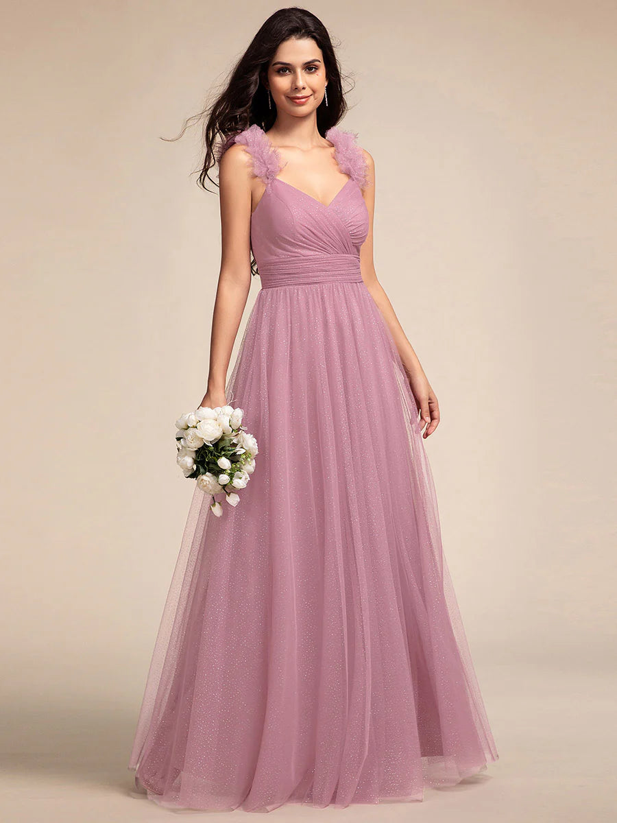 Romantic Deep V Neck Flying sleeve Tulle Bridesmaid Dresses with Gold Stamping Pleated decoration