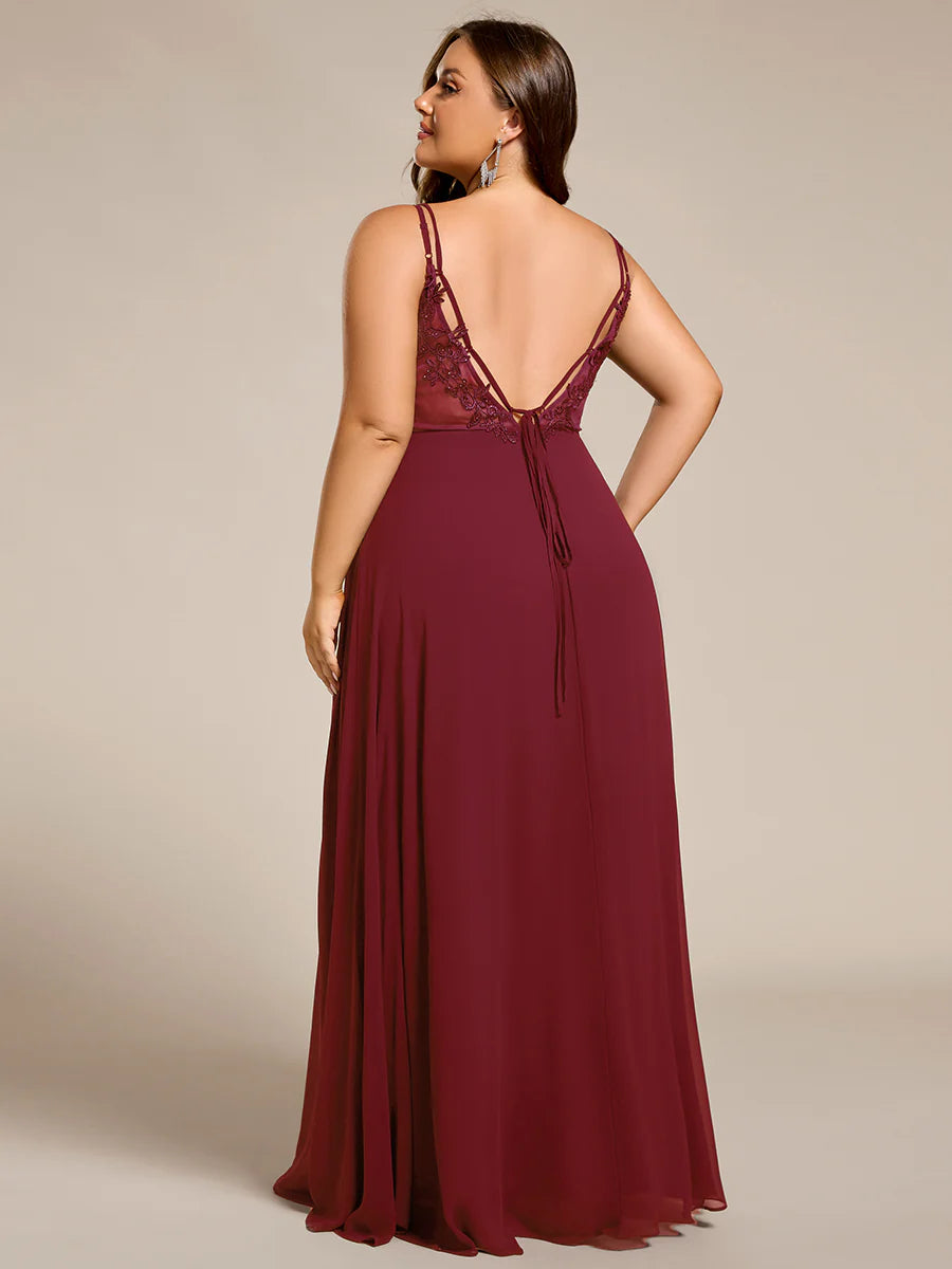 Plus Size Sleeveless V-Neck Appliques A-Line Floor Length Bridesmaid Dresses