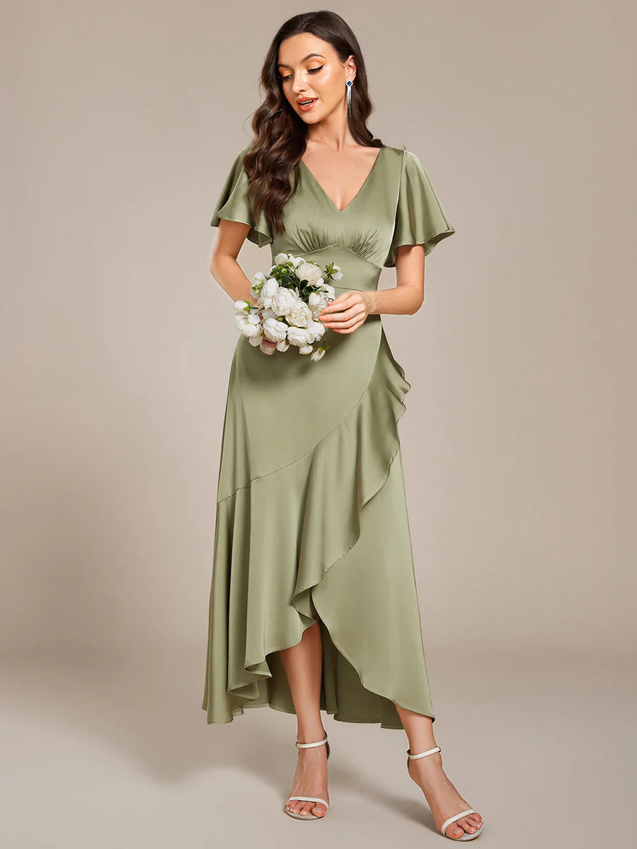 Short Sleeve Ruffled V-Neck Asymmetrical Hem Midi Bridesmaid Dress