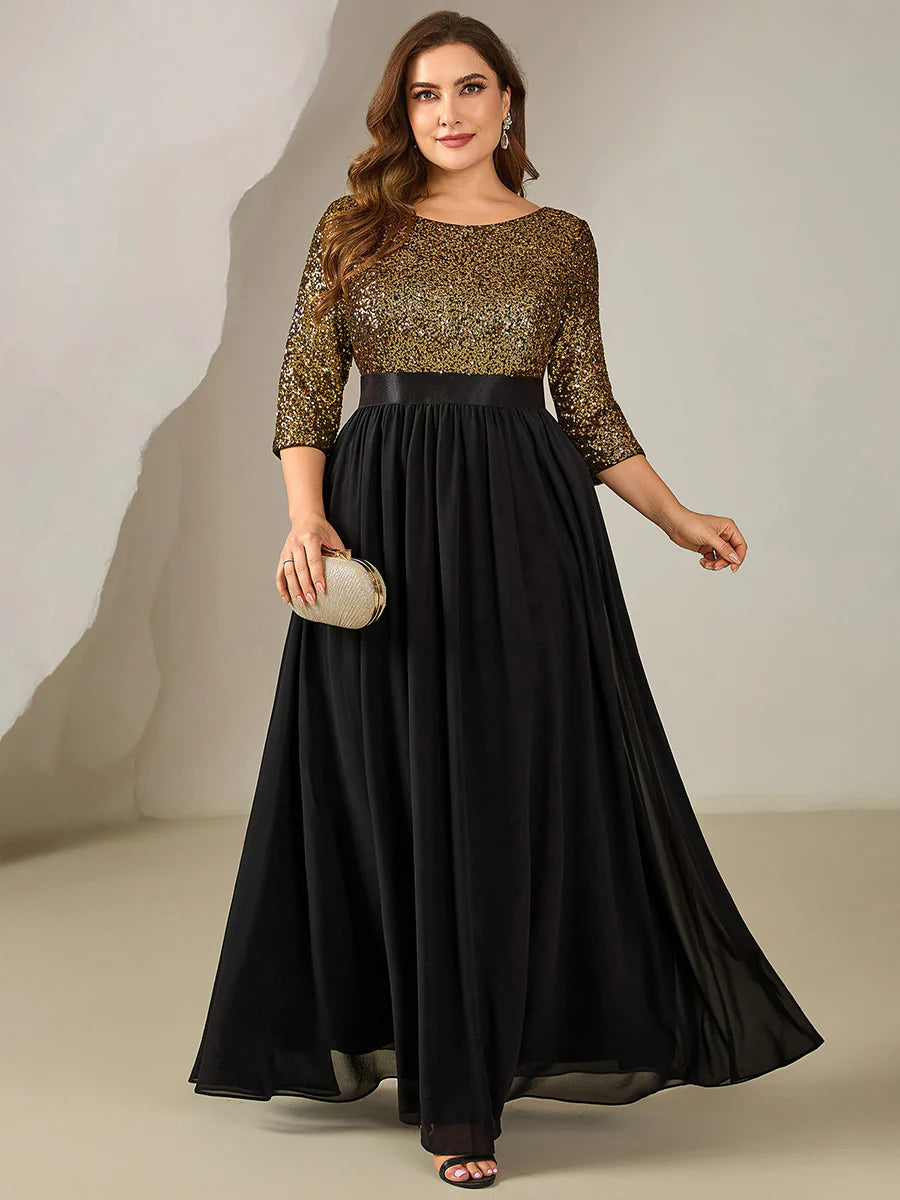 3/4 Sleeve Sequin Patchwork A-Line Floor Length Evening Dresses