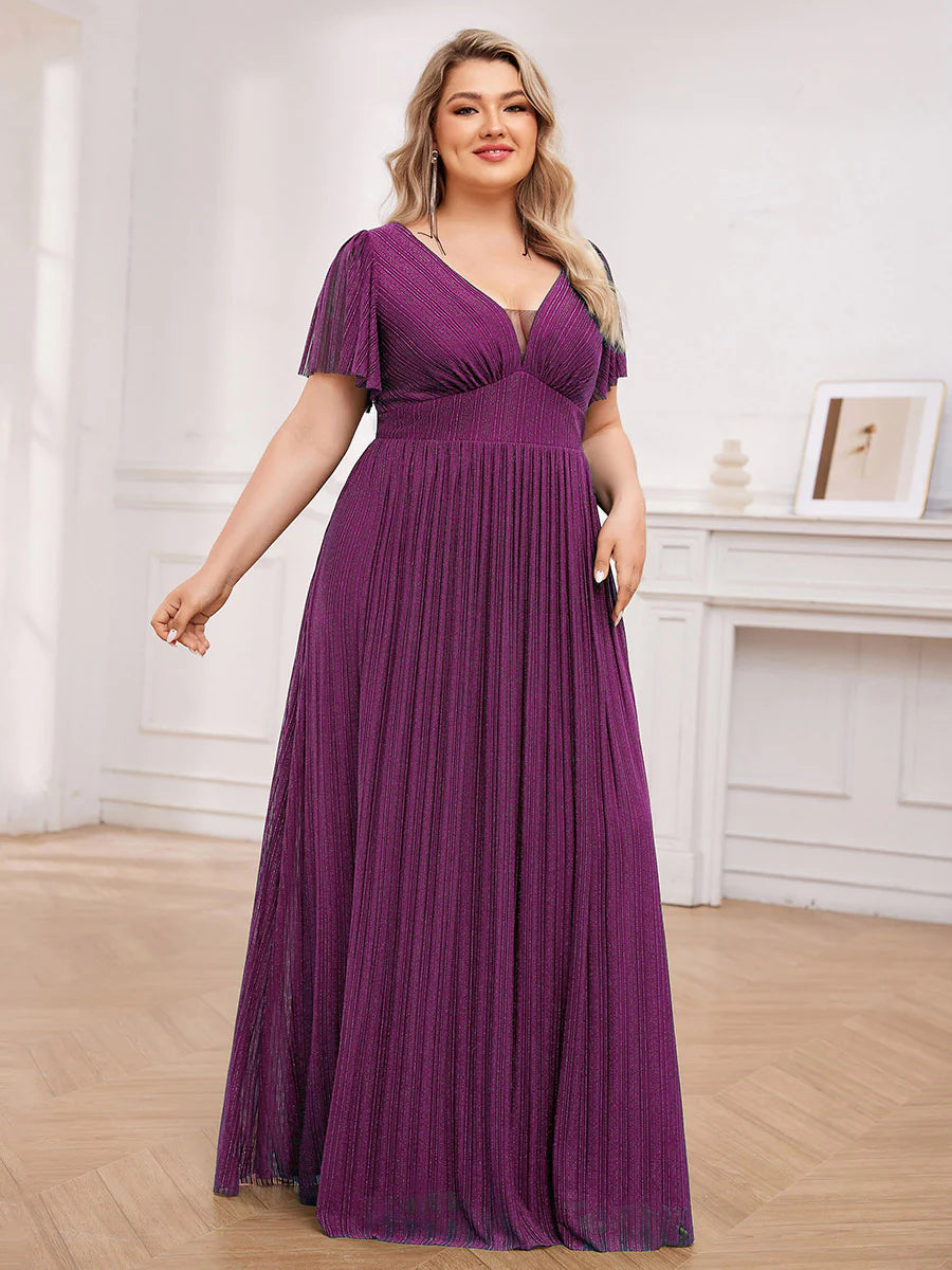 Plus Size Elegant See-Through Deep V Neck Floor Length Short Ruffles Sleeves Sequin Evening Dresses