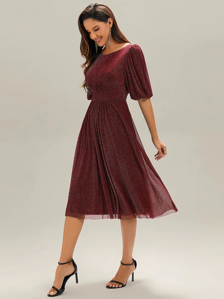 Half Sleeve Gathered A-Line Midi Length Wedding Guest Dresses