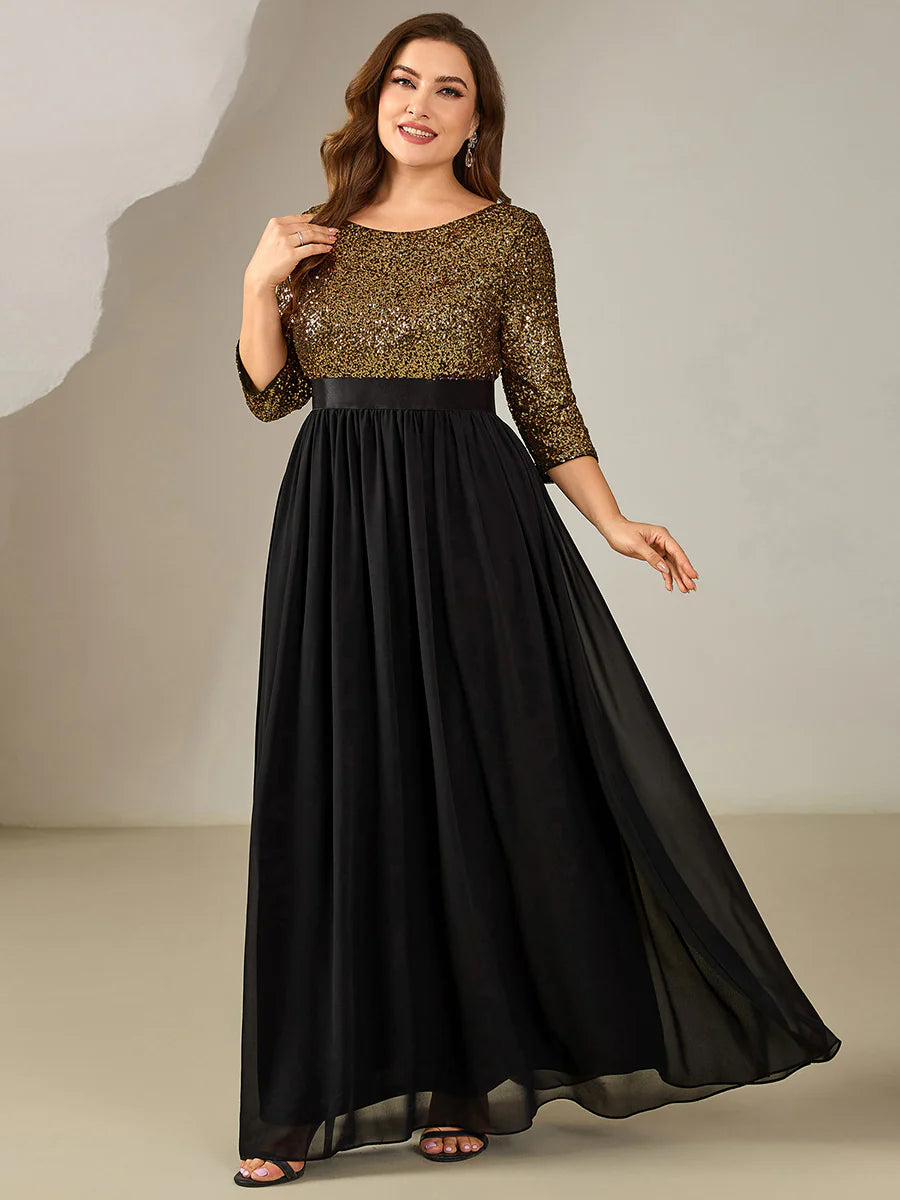 Plus Size 3/4 Sleeve Sequin Patchwork A-Line Floor Length Evening Dresses