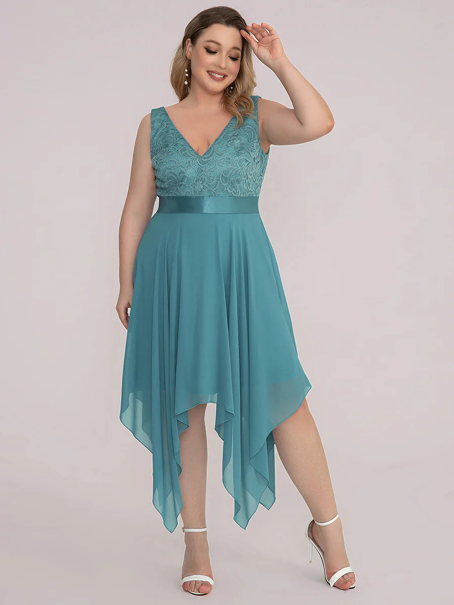 Plus Size Deep V Neck Asymmetrical Hem Sleeveless Wholesale Dresses
