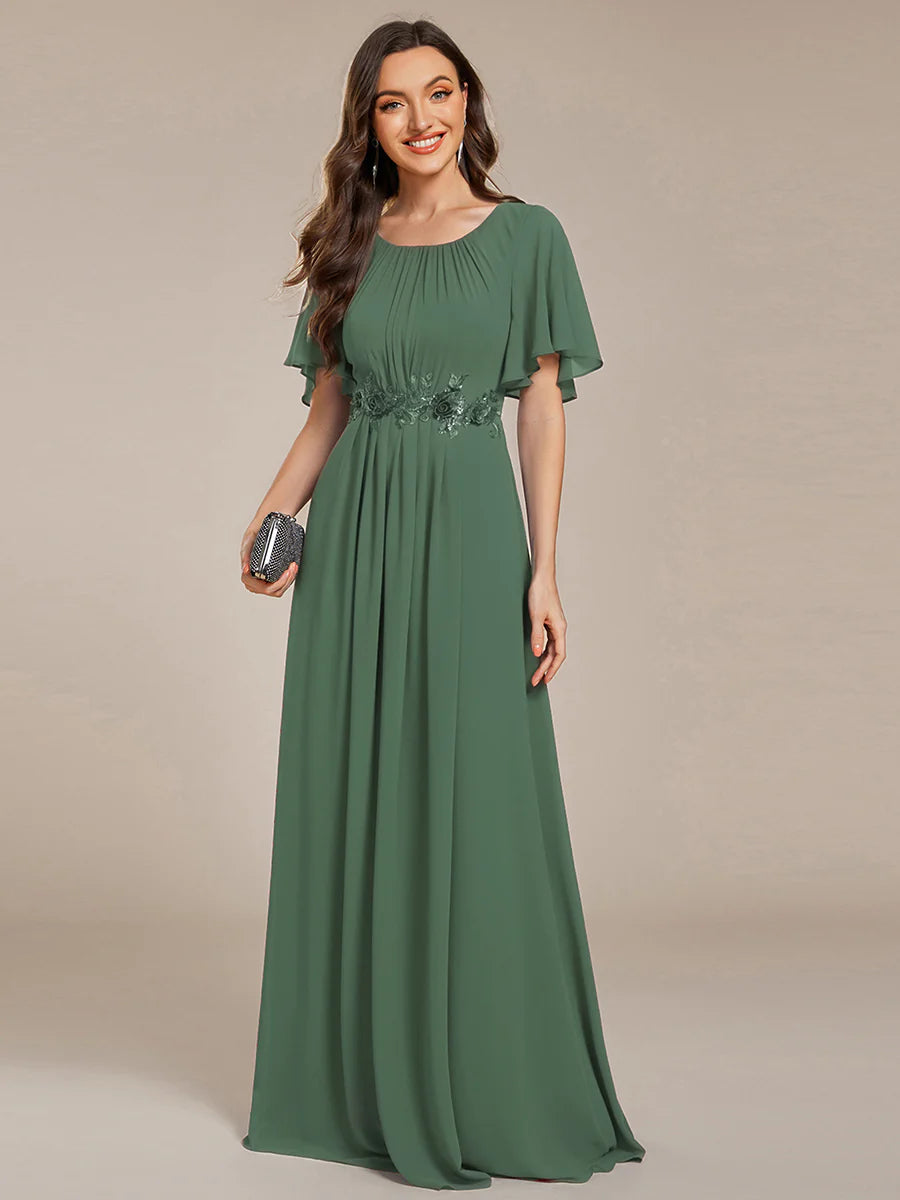 Short Sleeves Pleated Applique A-Line Floor-Length Formal Evening Dress