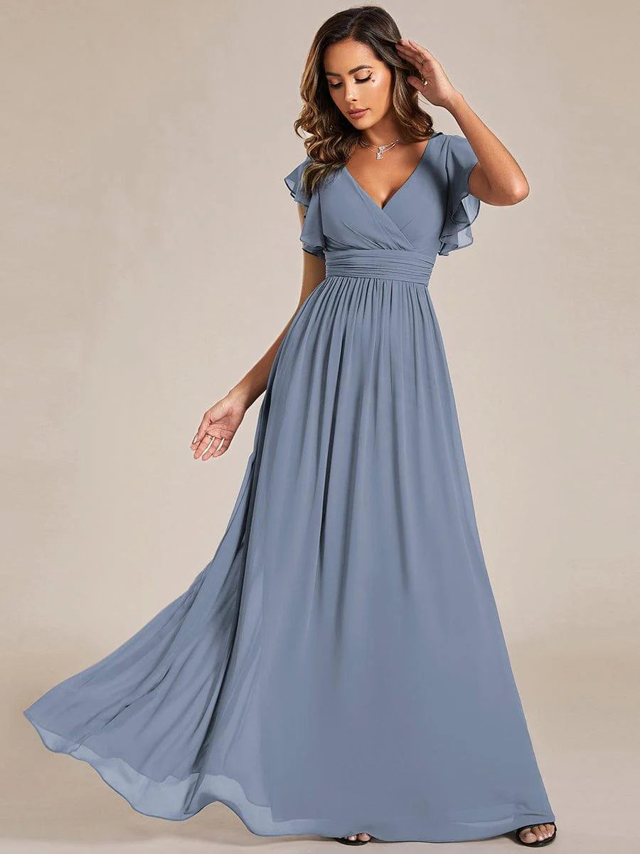 Ever LILYANA|Elegant V-Neck Open Back Ruffled Sleeves Chiffon Bridesmaid Dress