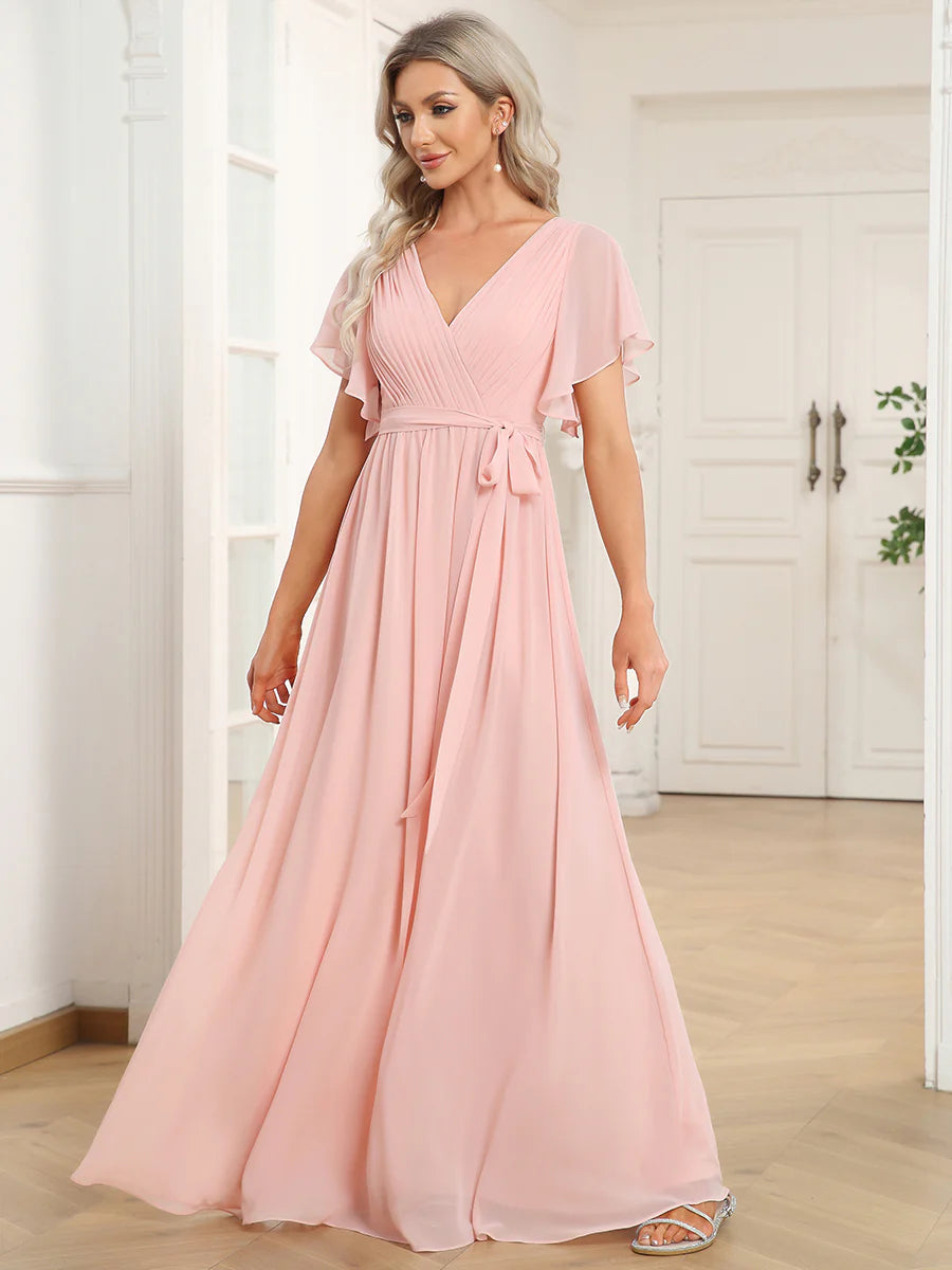 A Line Wholesale Evening Dresses with Deep V Neck Ruffles Sleeves