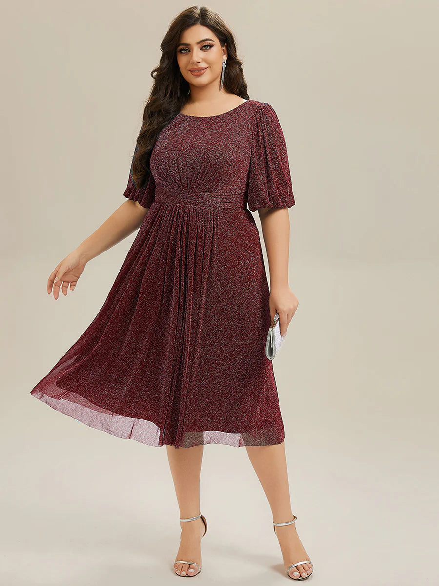 Plus Size Half Sleeve Lantern A-Line Gathered Midi Wedding Guest Dresses