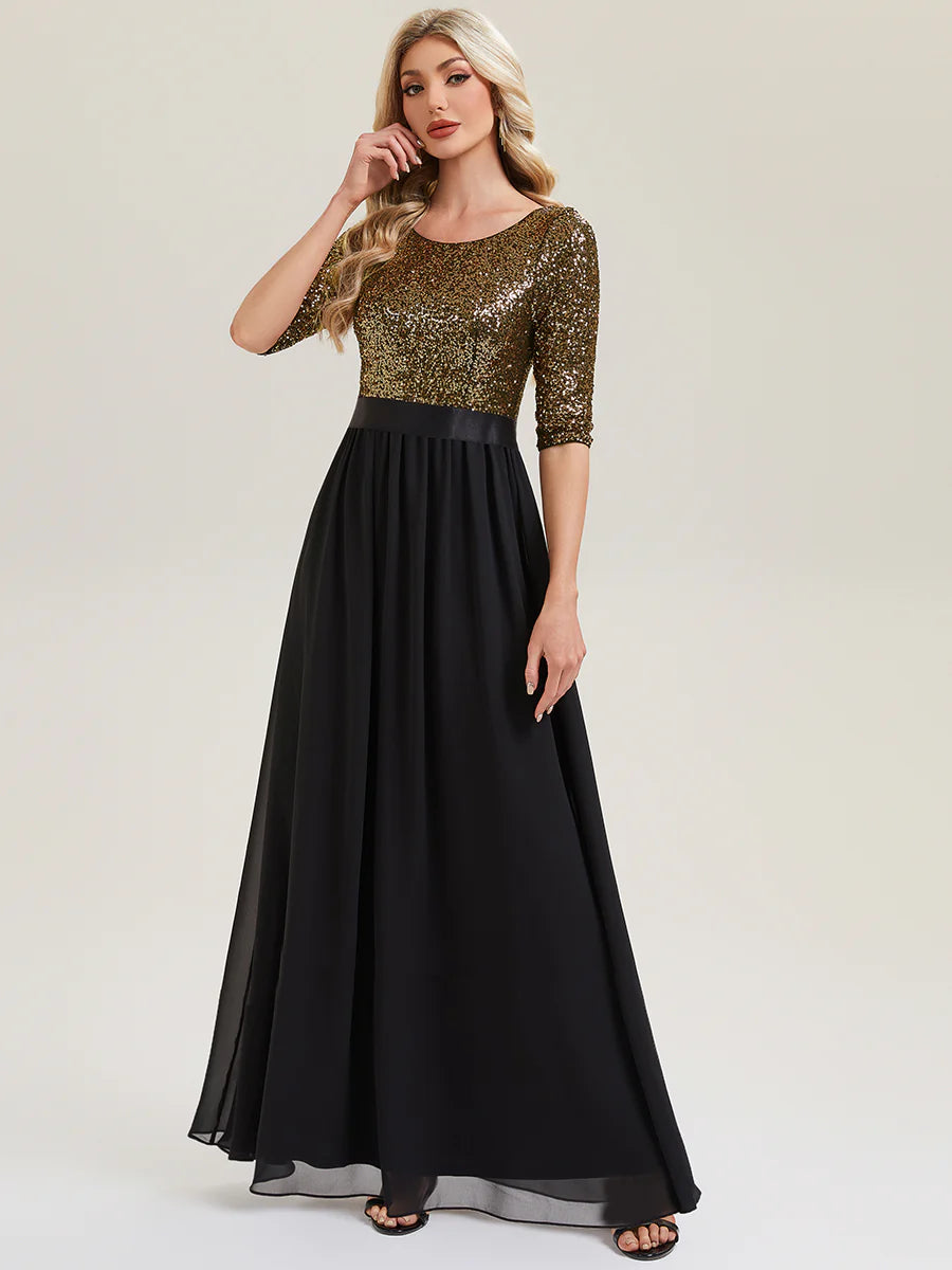 3/4 Sleeve Sequin Patchwork A-Line Floor Length Evening Dresses
