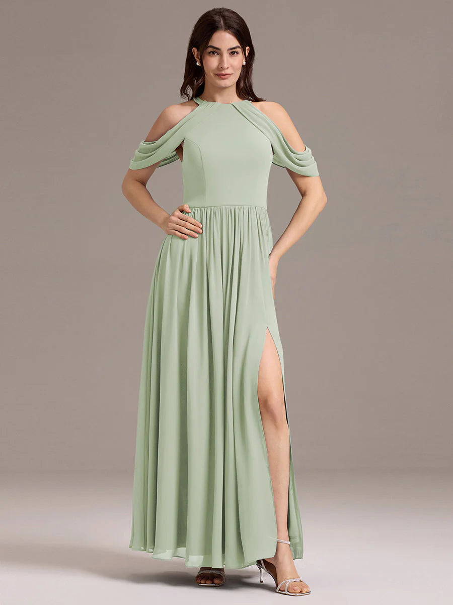 Mass Customization Sleeveless Cold Shoulder A-Line Floor Length Non-Stretch Bridesmaid Dresses