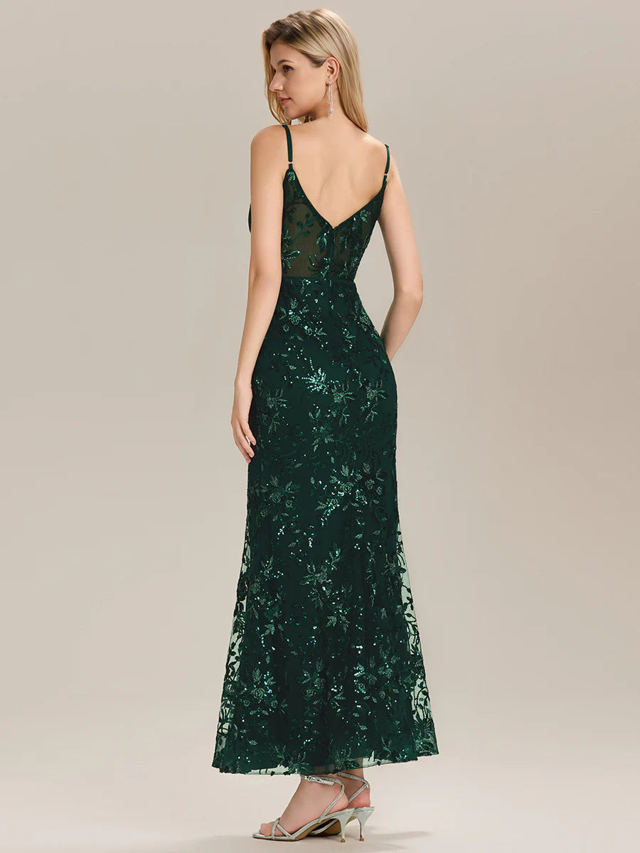 Sleeveless Deep V-Neck Backless Sequin Fishtail Evening Dresses