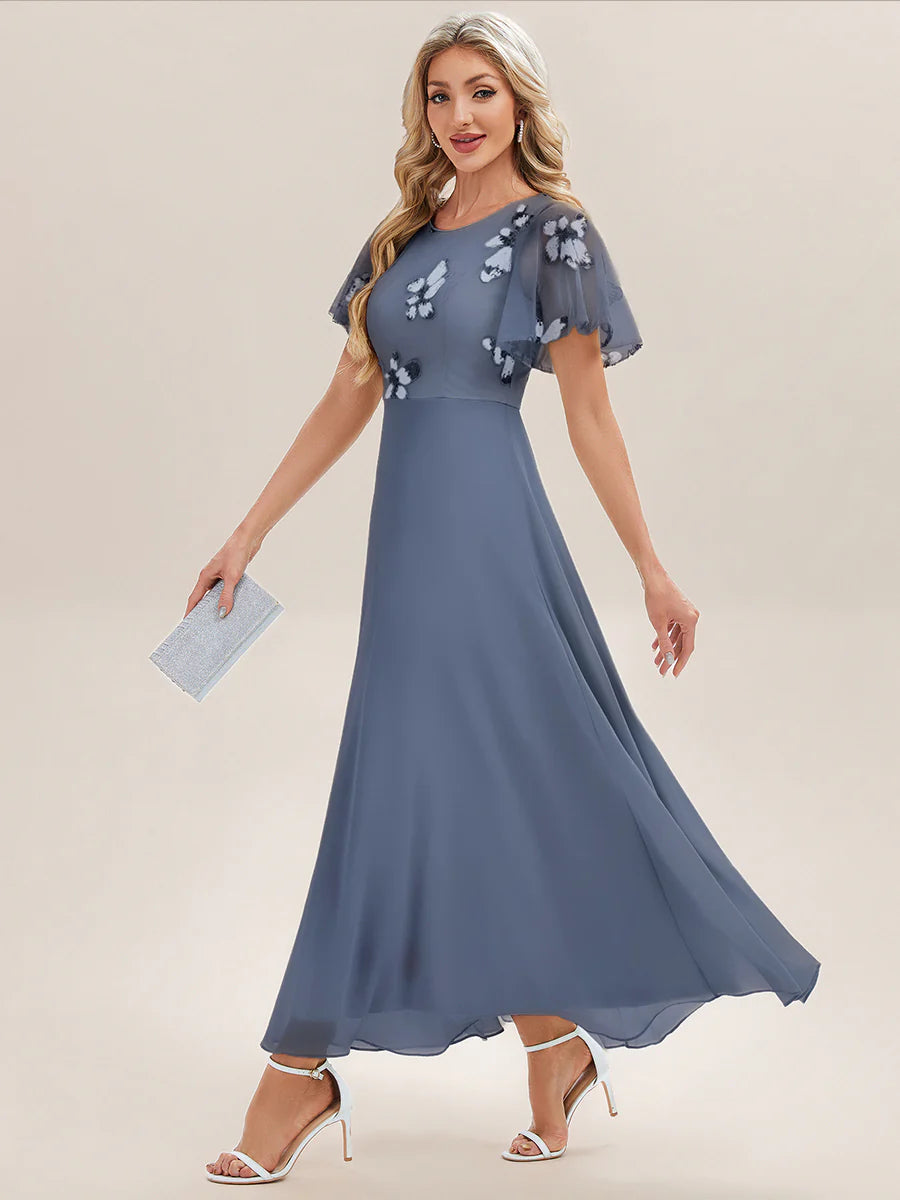 Ruffle sleeves round neck sequined chiffon slim fit evening dress