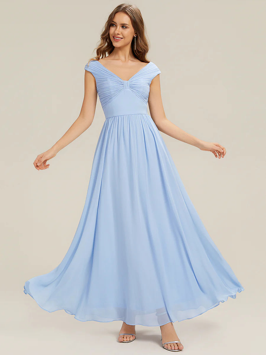 Commercial Wholesale Sleeveless Off Shoulder Deep V-Neck Pleated A-Line Floor Length Bridesmaid Dresses