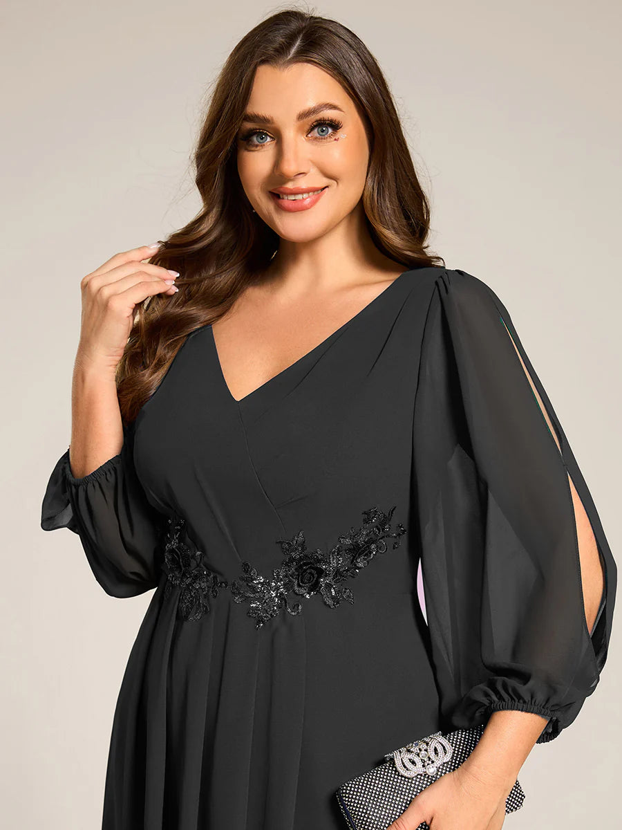 Plus Size Elegant Lantern Sleeve Applique Empire Waist Midi-Length Chiffon Evening Dresses with Asymmetrical Hem