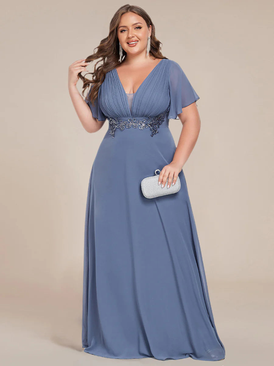 Plus Size Elegant Ruffles Sleeve Chiffon Evening Dresses with Pleated Applique Decoration