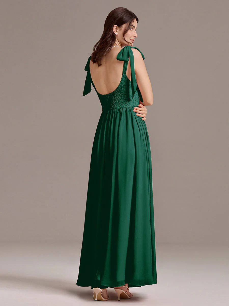 Chiffon Sweetheart Neck Bow Tie Backless A-Line Lace Bridesmaid Dress