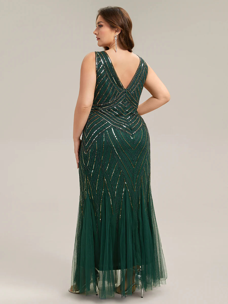 Commercial Wholesale Sleeveless High Stretch Fishtail Beaded V-Neck Evening Dresses