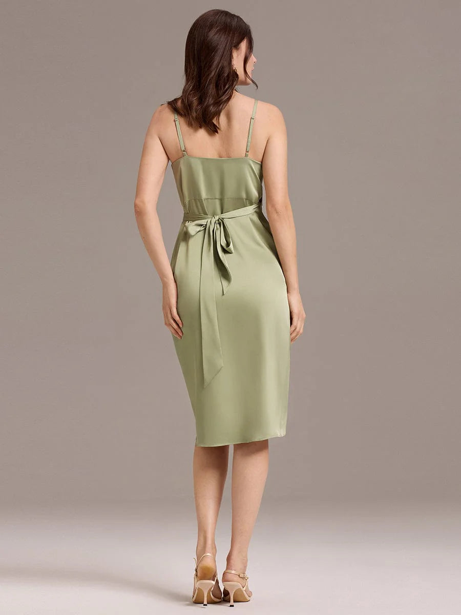 Custom Sleeveless V-Neck Non-Stretch Wrap Midi Dress with Tie Knot | Wedding Guest Dresses