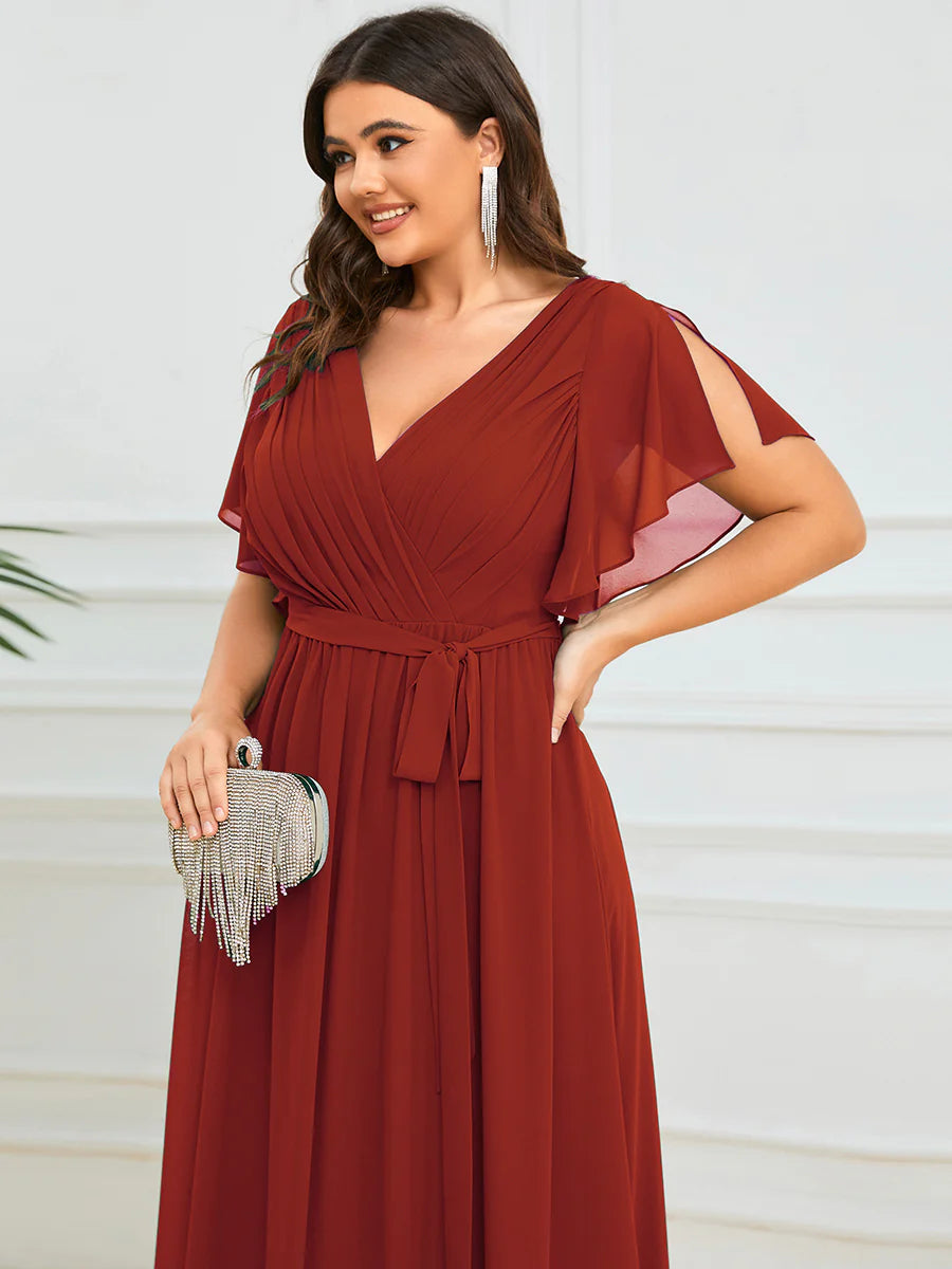 Short Sleeve Ruffle Deep V-Neck A-Line Floor Length Evening Dresses