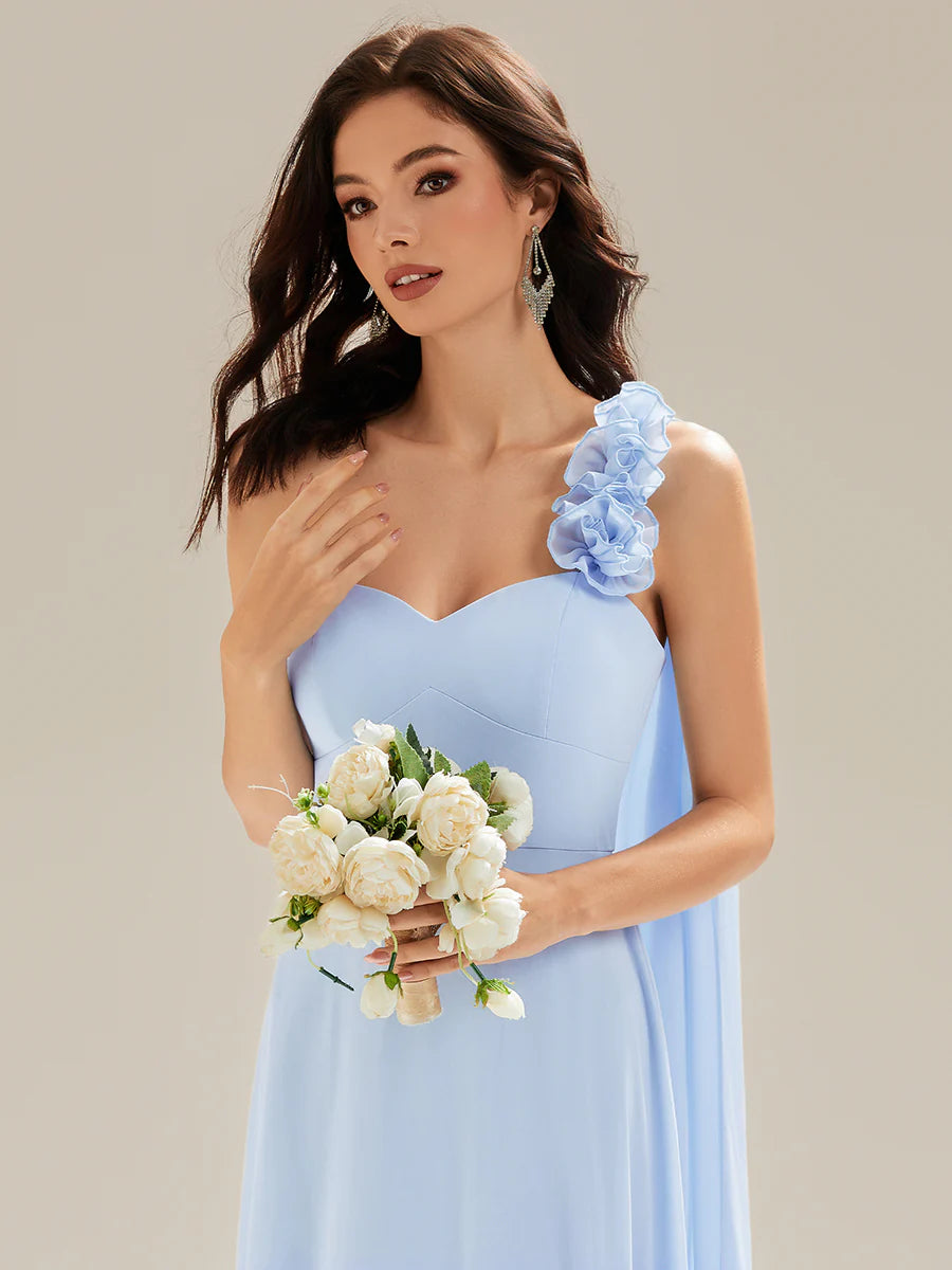 Sleeveless One Shoulder Floral A-Line Floor Length Bridesmaid Dresses