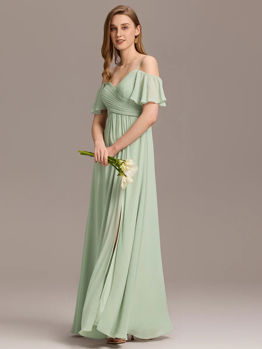 Short Sleeve Off Shoulder Pleated A-Line Split Floor-Length Bridesmaid Dresses