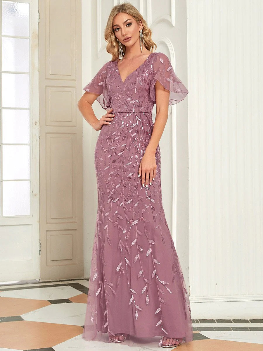 Gorgeous V Neck Leaf-Sequined Fishtail Wholesale Party Dress
