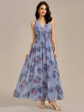 Double V Neck Empire Waist Floral Sleeveless Maxi Formal Dress