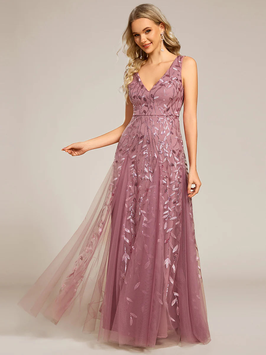 Shiny V-Neck Sequin Sleeveless Evening Dress with Tulle