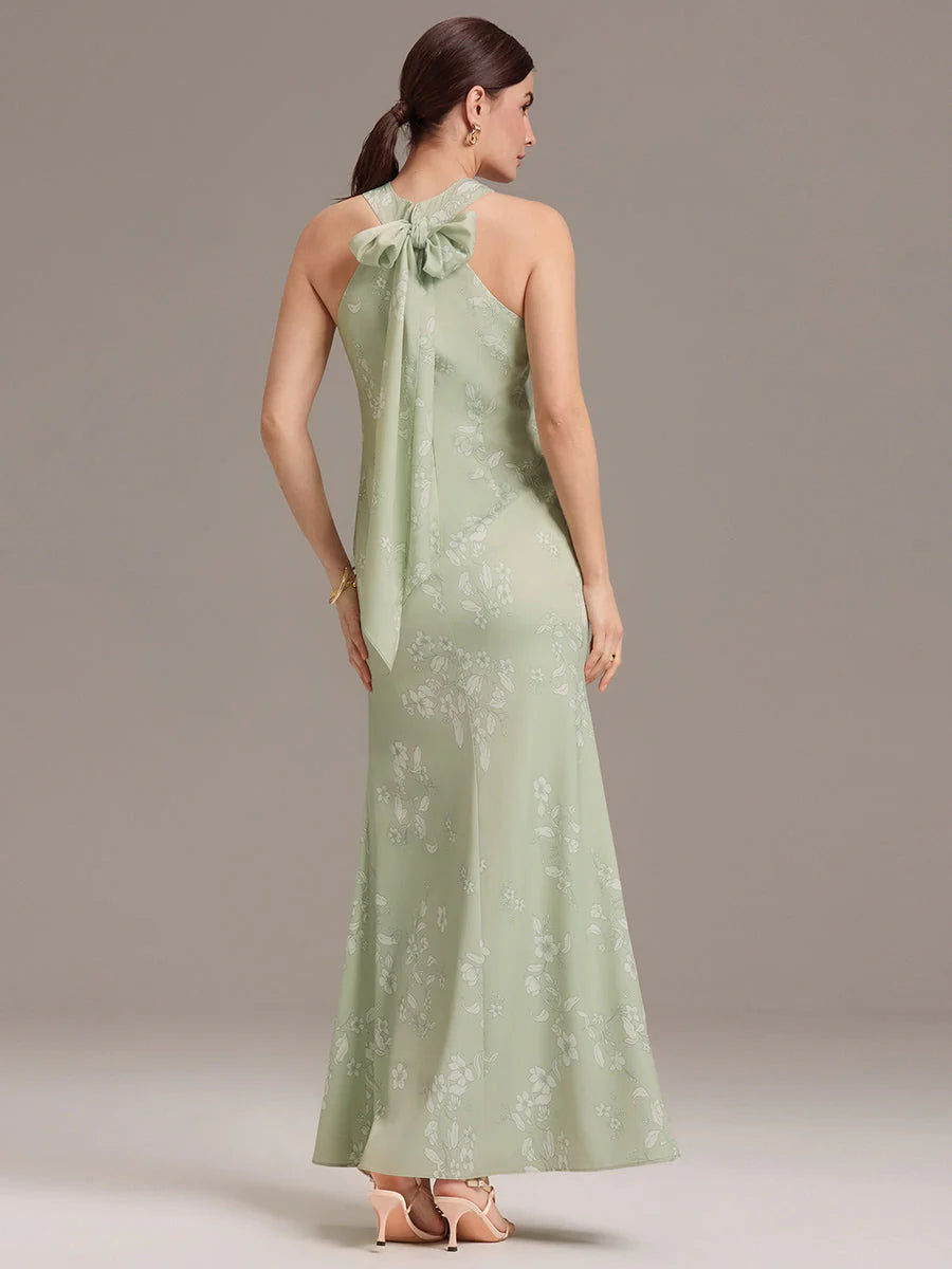 Sleeveless Halter Neck Mermaid Floor Length Dress with Floral Ribbon Bridesmaid dresses