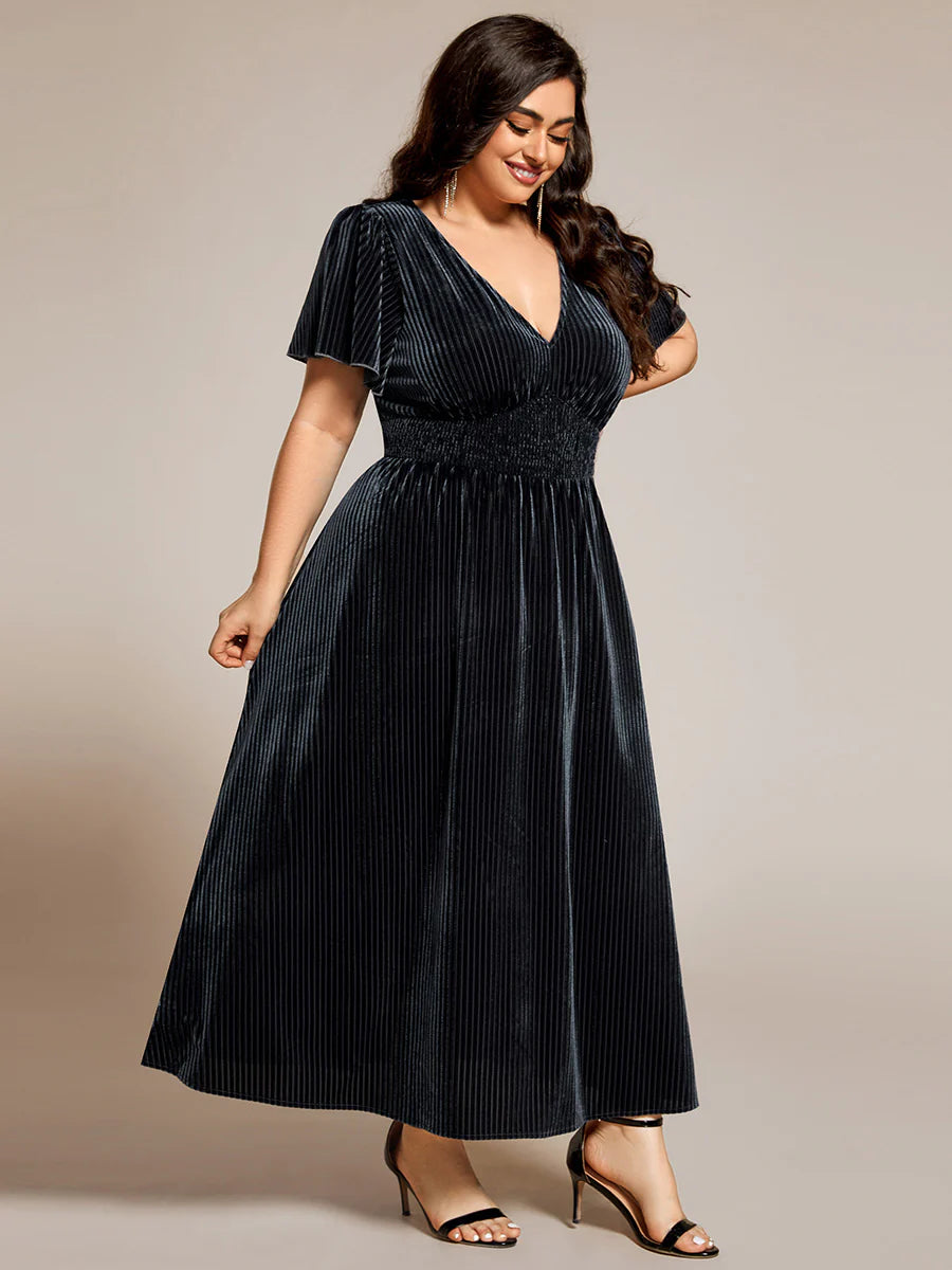 Plus-Size-V-Neck Tea Length Velvet Wedding Guest Dresses