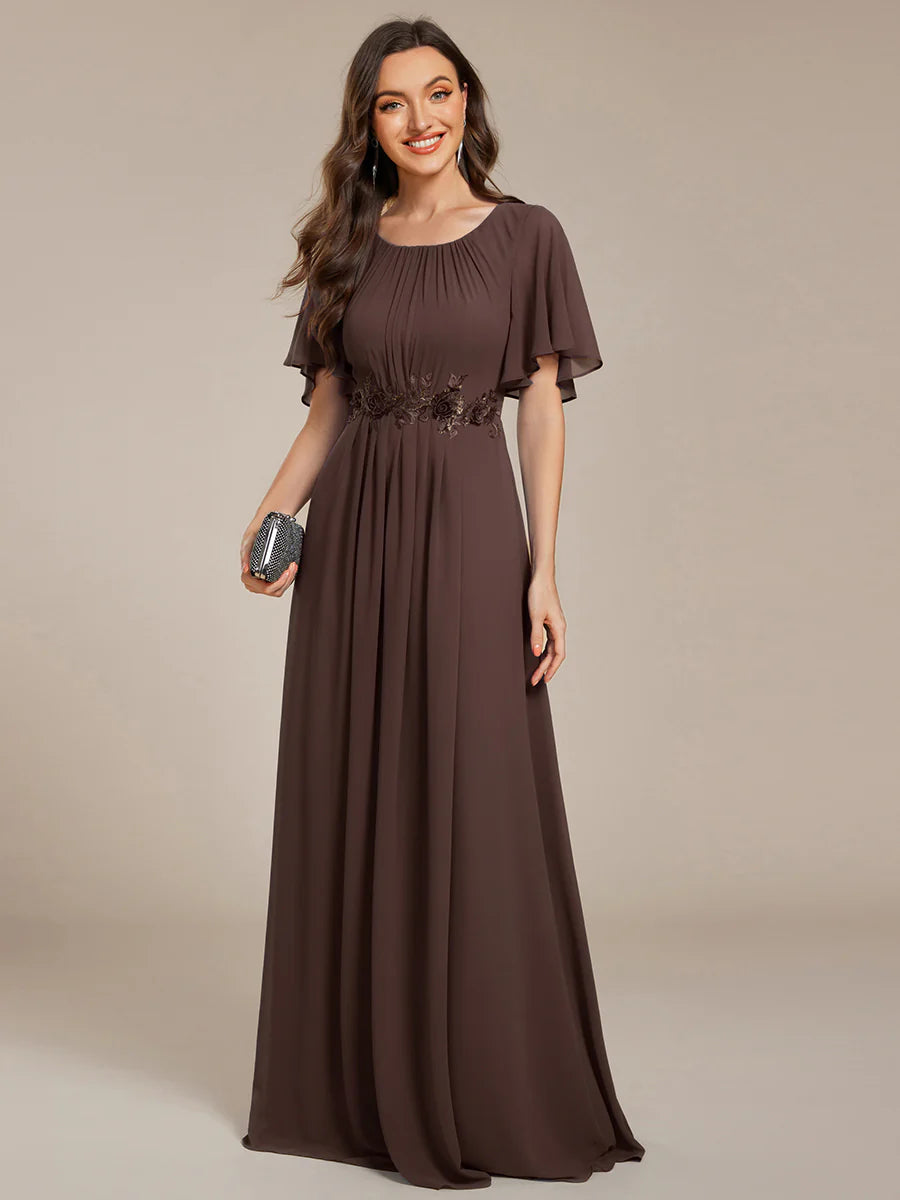 Short Sleeves Pleated Applique A-Line Floor-Length Formal Evening Dress