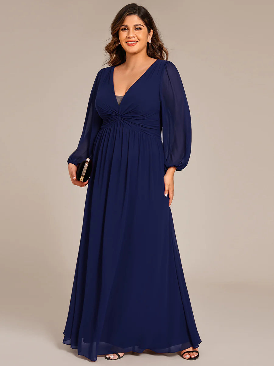 Plus Size Graceful See-Through V Neck Padded Enough Pleated Decoration Chiffon Evening Dresses