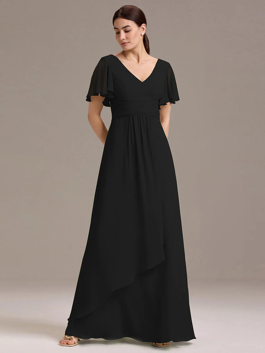 Wholesale | Customizable Double V-Neck Ruffled-Sleeve A-Line Chiffon Dress