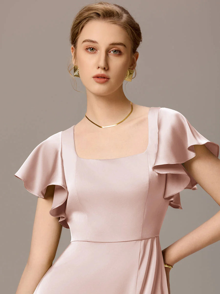 Customized Satin Square Neck Short Sleeve Ruffled Maxi Bridesmaid Dress with Pockets