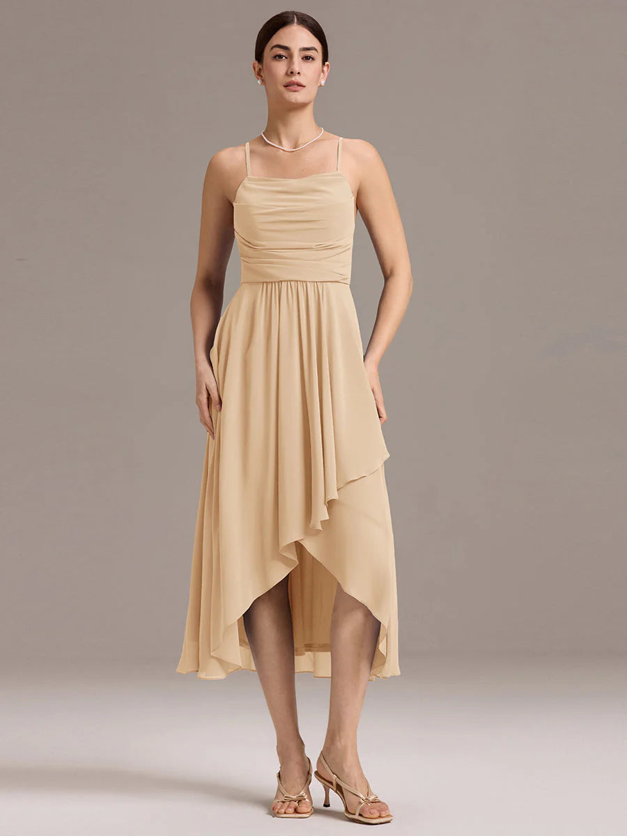 Custom Solutions Sleeveless Cowl Neck High-Low A-Line Non-Stretch Bridesmaid Dresses