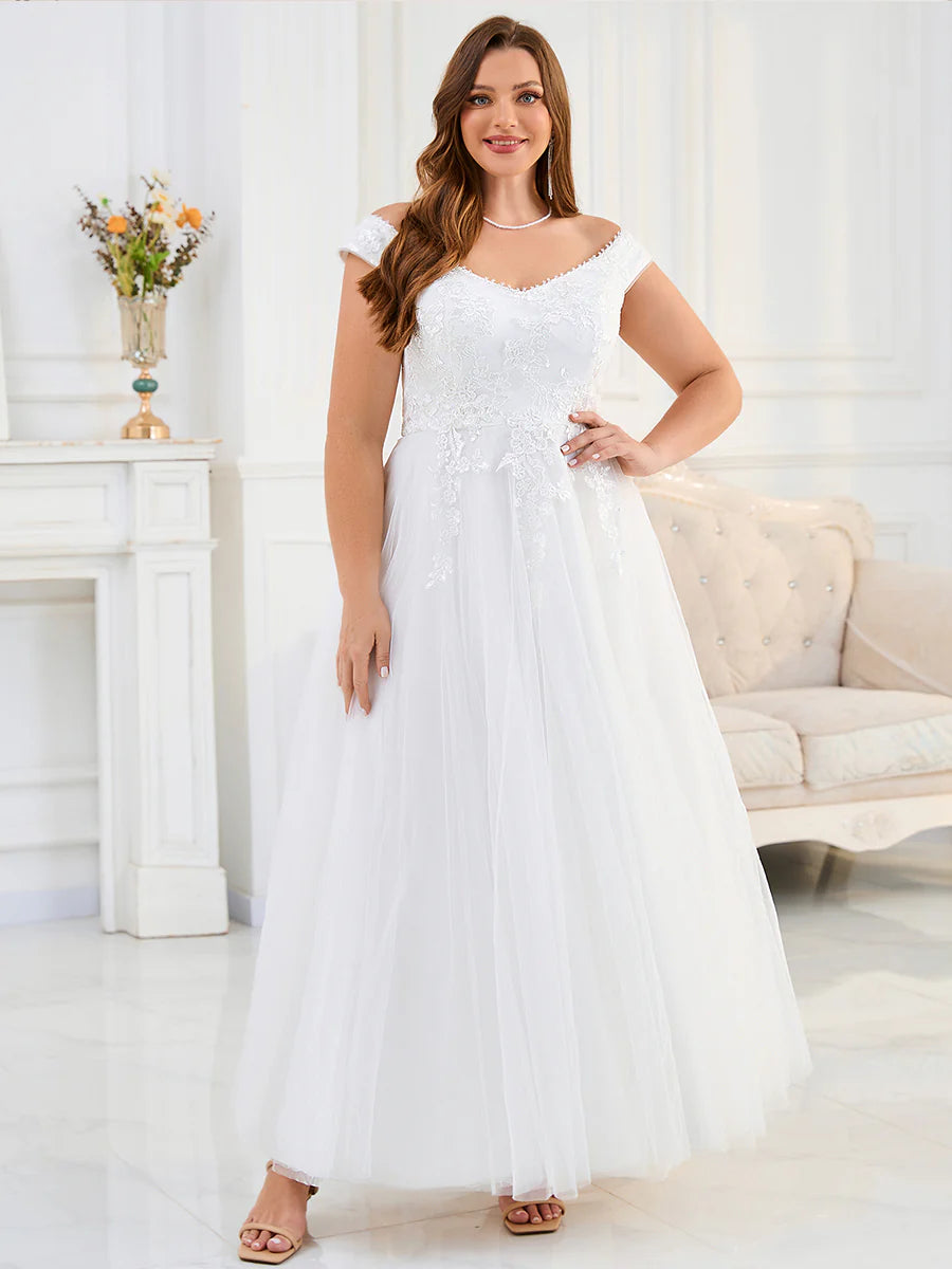 Plus Size Short Sleeve Cold Shoulder Deep V-Neck A-Line Floor Length Wedding Dresses