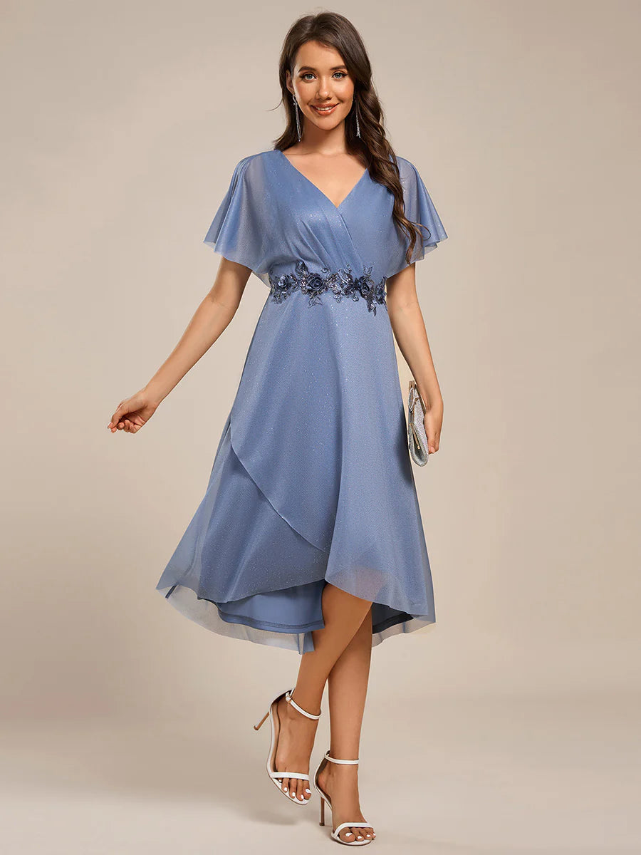 Shimmer Bat-wing Sleeve Asymmetrical Hem Wedding Guest Dresses