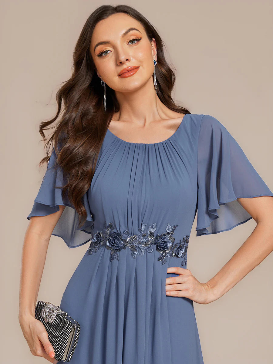 Commercial Wholesale Short Sleeve Ruffle A-Line Midi Dress with Floral Appliques Evening Dresses