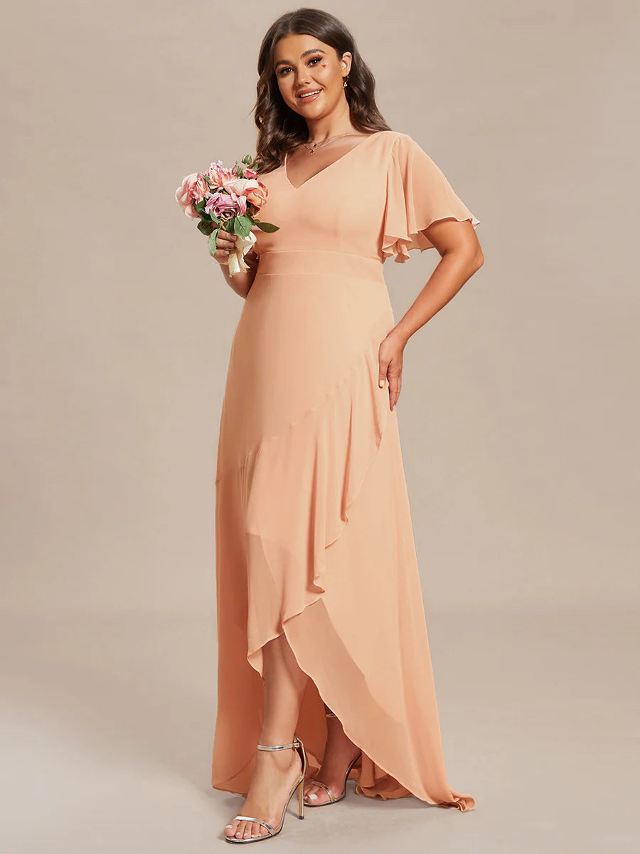 Plus V Neck High Low Ruffles Chiffon Wholesale Bridesmaid Dresses