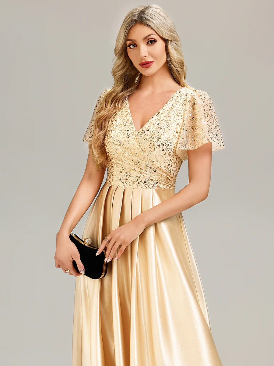 V-Neck Short Sleeve Evening Dress with Ruffle and Sheer Appliques