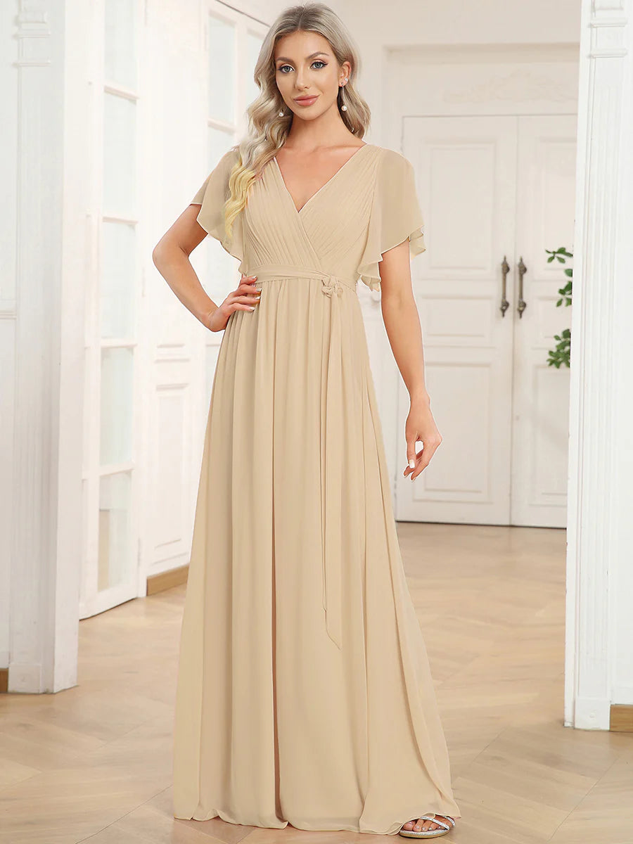 A Line Wholesale Evening Dresses with Deep V Neck Ruffles Sleeves