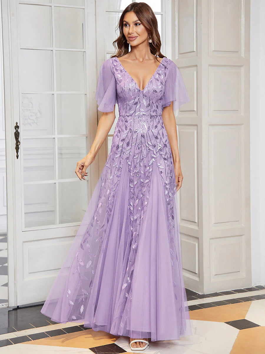Romantic Shimmery V Neck Ruffle Sleeves Maxi Long Evening Gowns