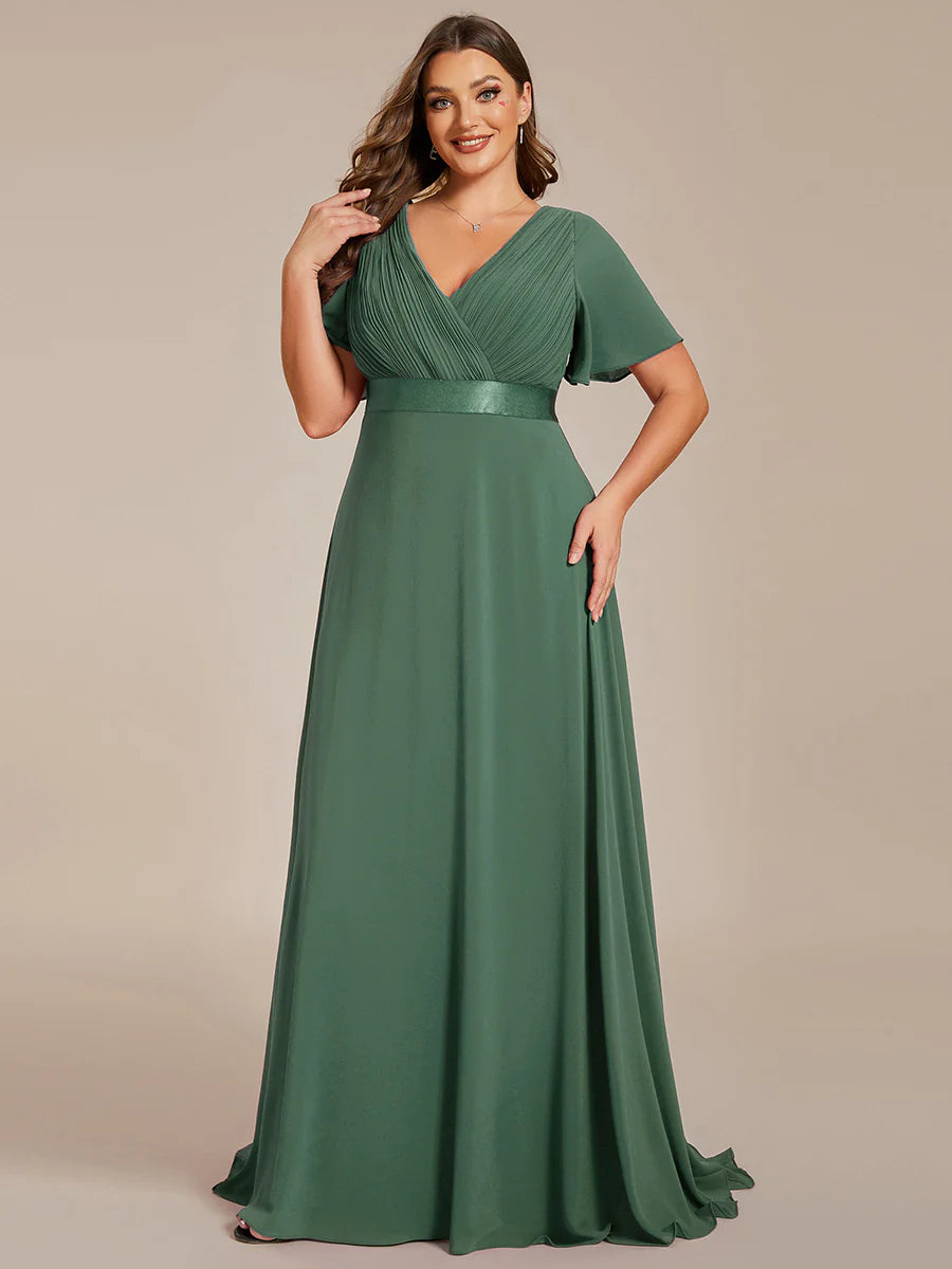 Glamorous Double V-Neck Ruffles Padded Plus Size Evening Dresses