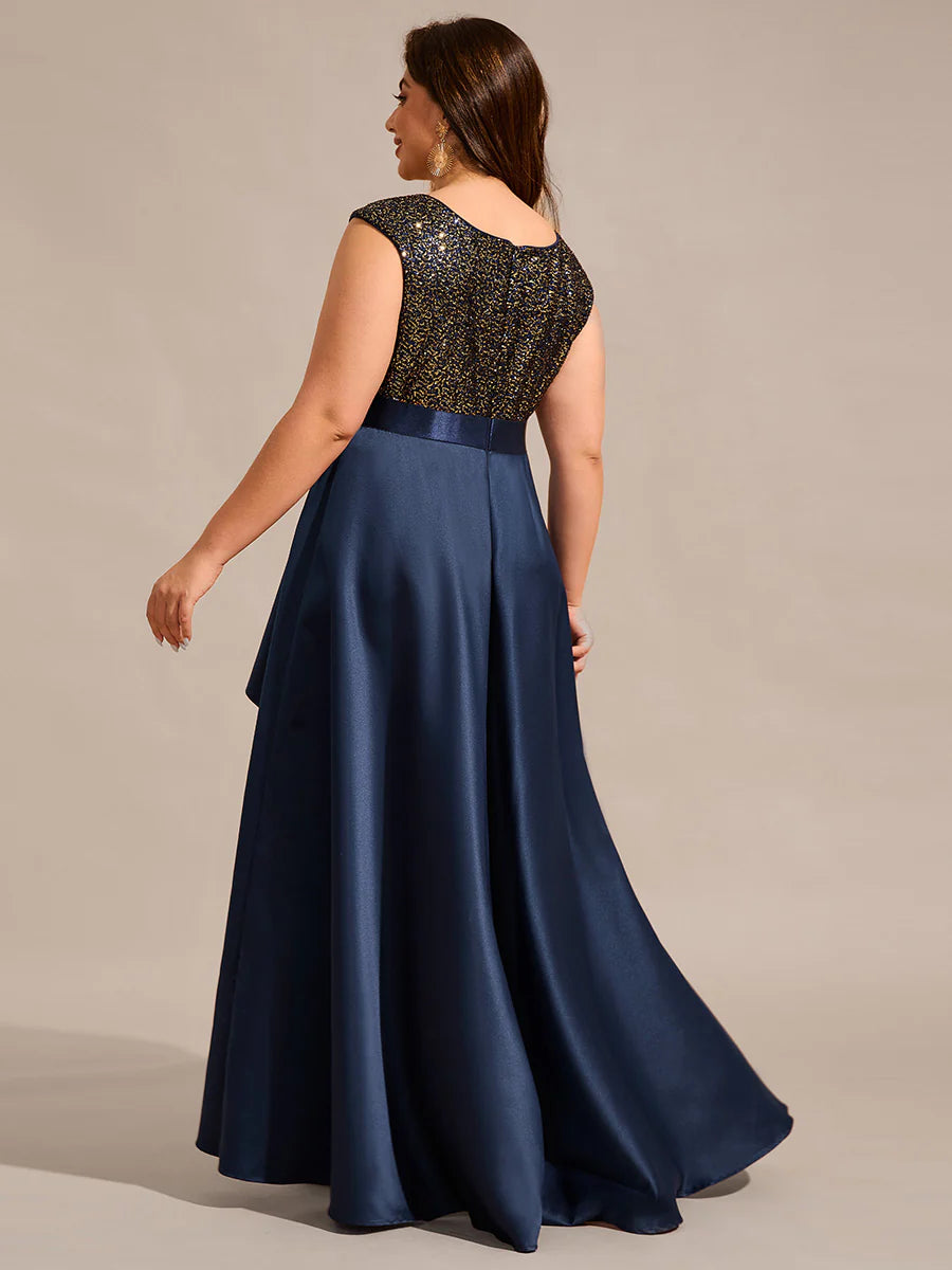 Plus Size Elegant Round Neck Asymmetrical Hem Sequin Contrast Satin Dresses with Raglan Sleeves