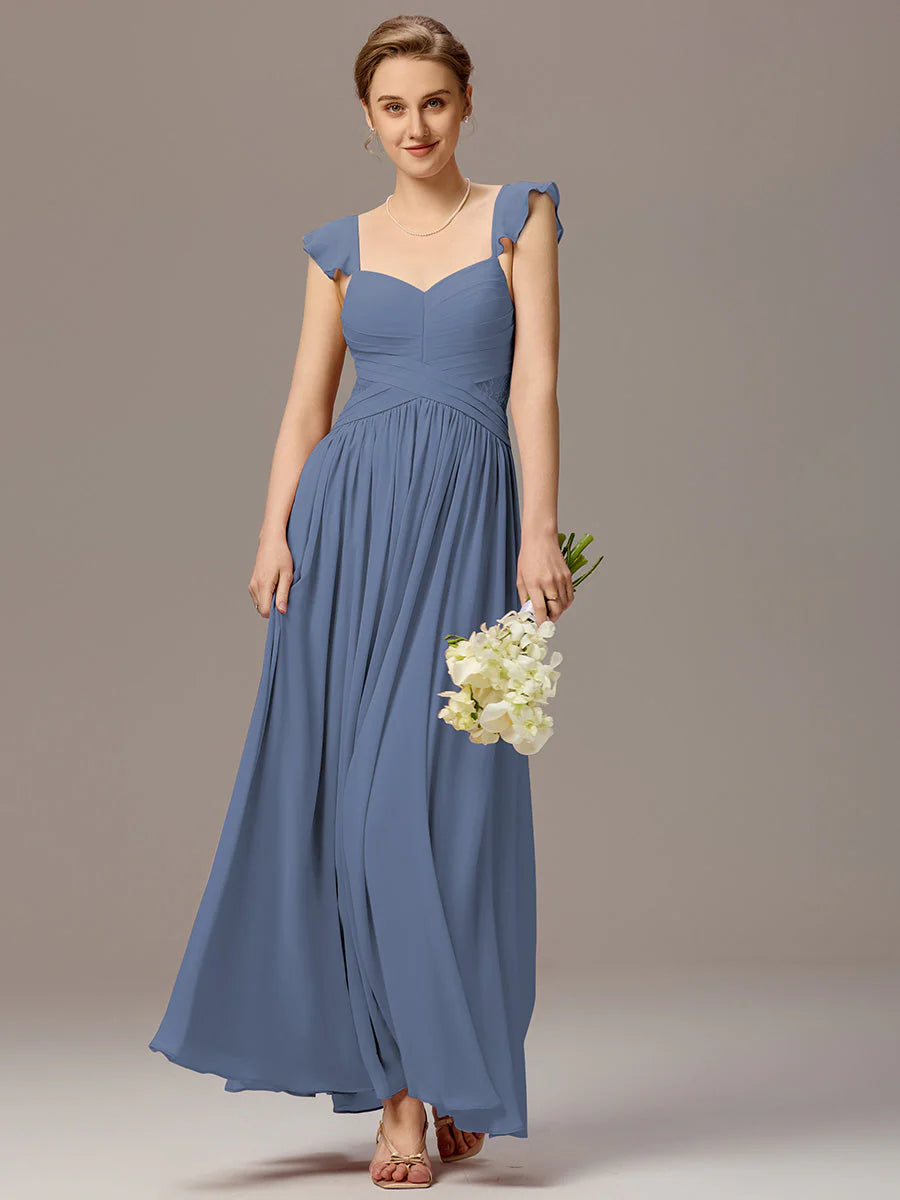 Wholesale Custom Made Back-Tie Pleated Ruffles Sleeves Bridesmaid Dress