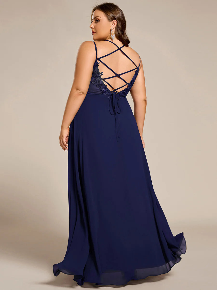 Plus Size Sleeveless V-Neck Appliques A-Line Floor Length Bridesmaid Dresses
