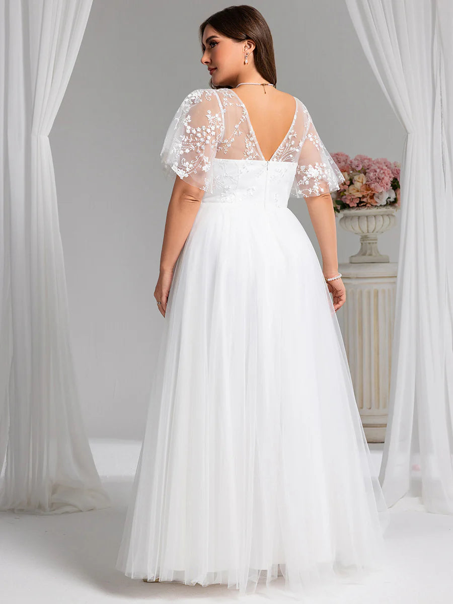 V-Neck Short Sleeves A-Line Floor-Length Wedding Dress with Embroidery