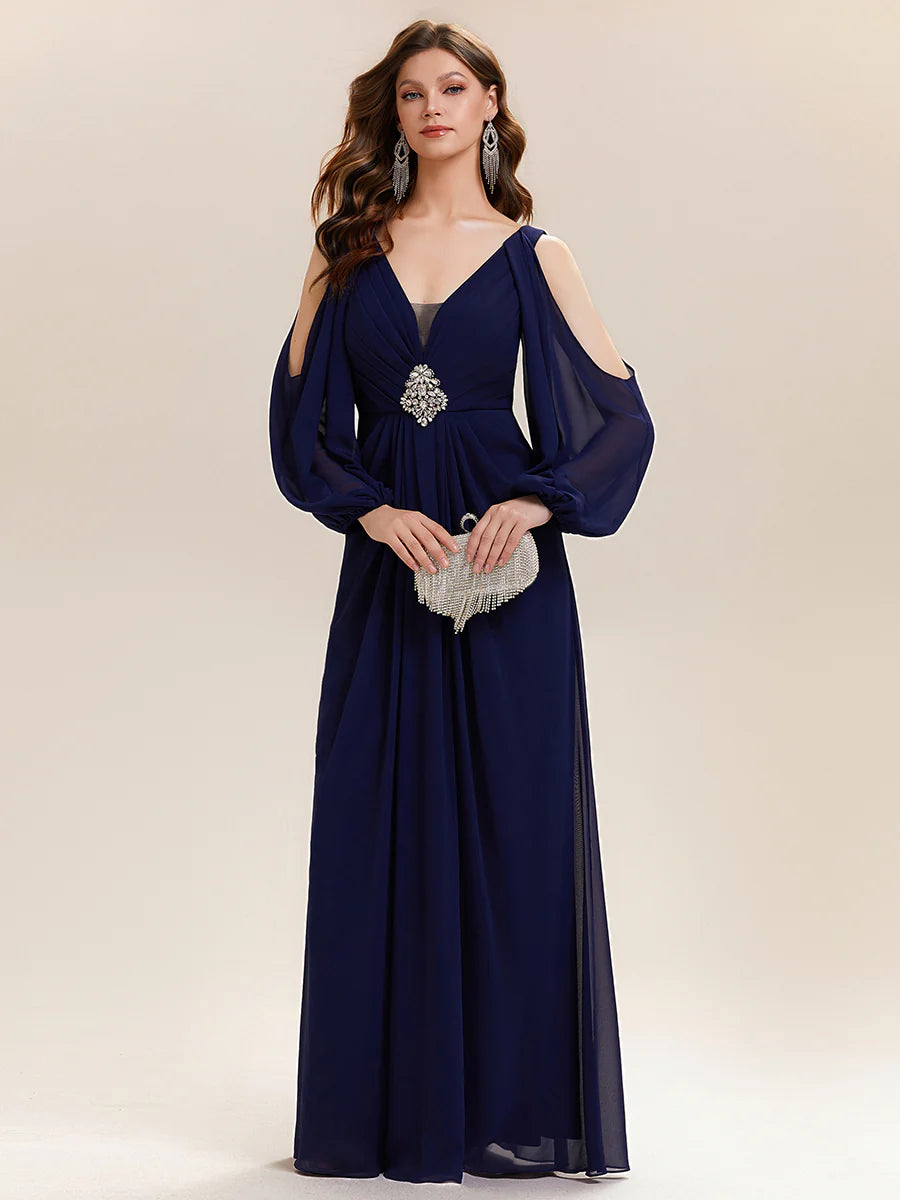 Volume Discounts Long Sleeve Lantern Sleeve A-Line Floor Length V-Neck Wedding Guest Dresses
